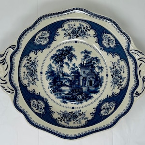 Vintage Staffordshire Victoria Ware Ironstone Bowl – Blue  White Transferware – Large Scenic  Floral Basin