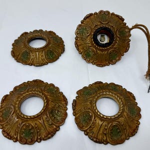 Antique Cast Brass Lamp Parts – 4 Matching Ornate Embossed Fixture Canopy Covers – 4.5” Vintage Lighting Hardware