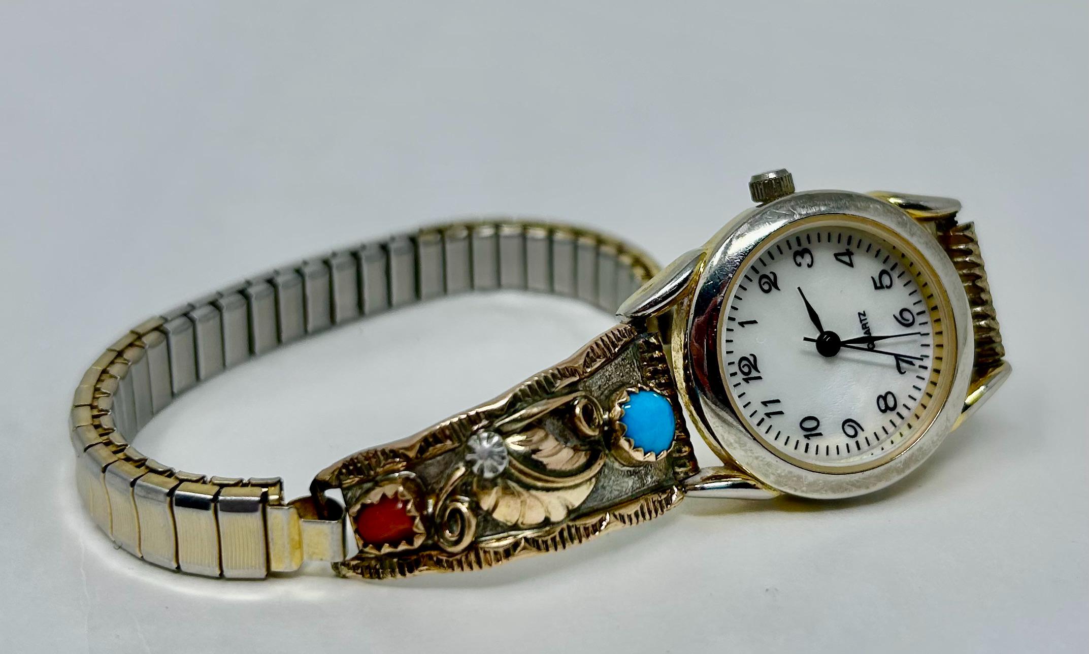 S Ray Navajo Signed Sterling Watch Tips Women Turquoise Coral Gold Plated Leaves S Ray Navajo Signed Sterling Watch Tips Women Turquoise  main image 2