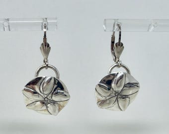 Sterling Silver Hawaiian Plumeria Earrings Leverback Puffy Flower 925 Tropical Vintage Dangle