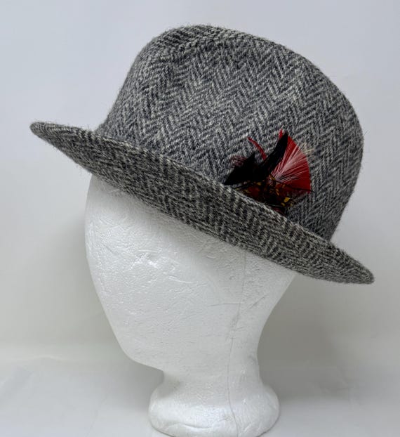Vintage Harris Tweed Fedora Hat – Gray Herringbone Wool With  display picture 1