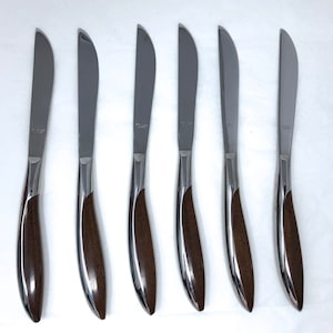 Set of 6 Mid-Century Modern Steak Knives – Japan Stainless & Woodgrain Composite Handles – Vintage Flatware