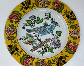 vintage Mark Roberts decorative wall plate yellow floral blue bird flowers stoneware 10.5"