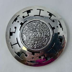 Vintage Mexican Sterling Silver Mayan Calendar Brooch Pendant – Hecho en Mexico .925 Round Disc Pin