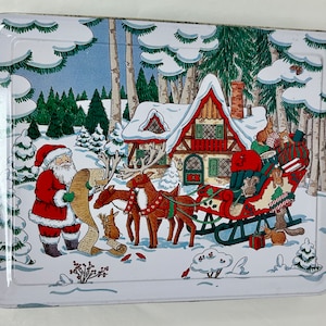 Vintage Keller Charles Philadelphia Christmas Tin – Santa with Sleigh & List – Holiday Metal Box