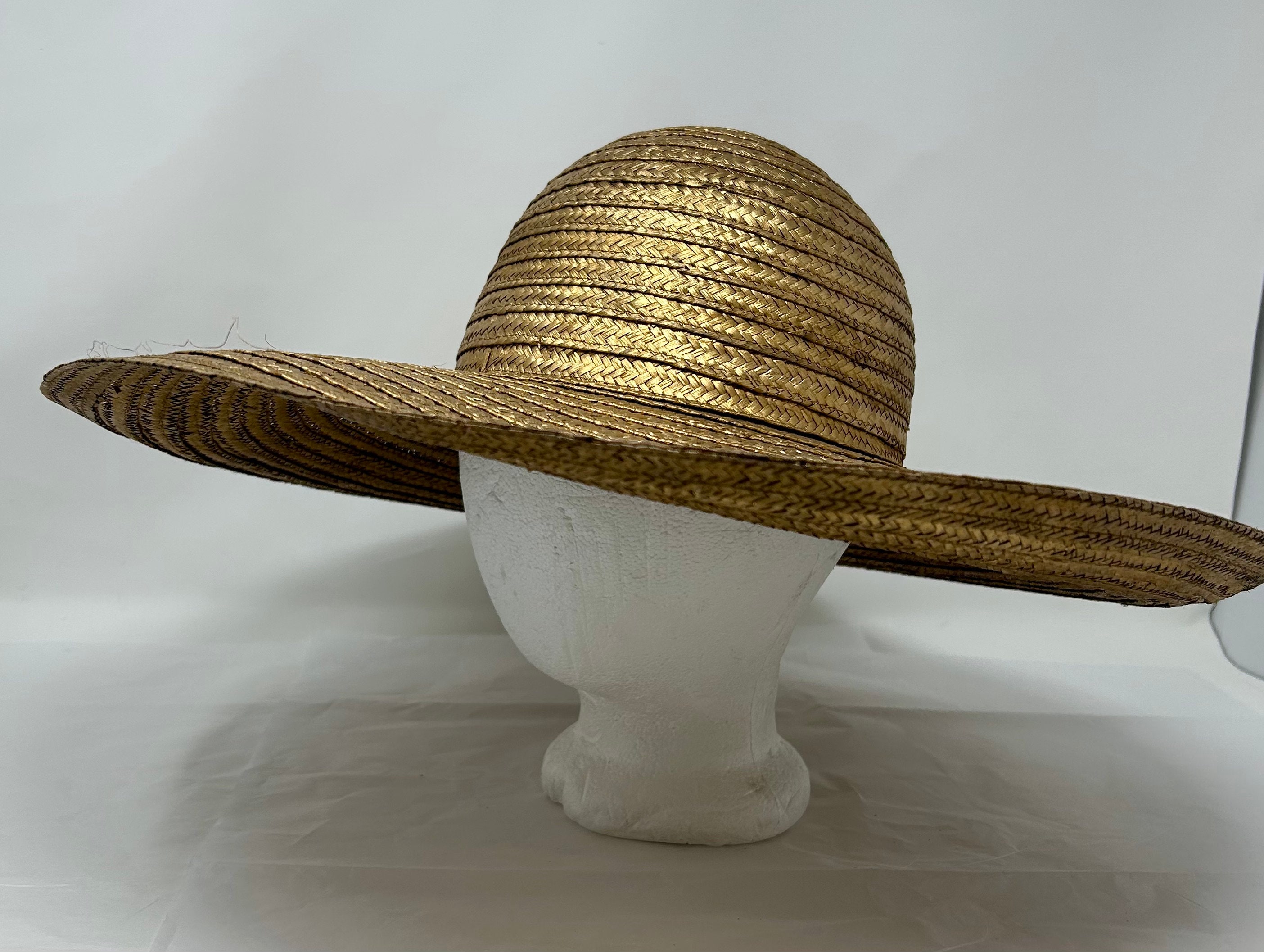 Vintage I Magnin Hat Straw Gold Wide Brim Sun Woven Metallic  display picture 1