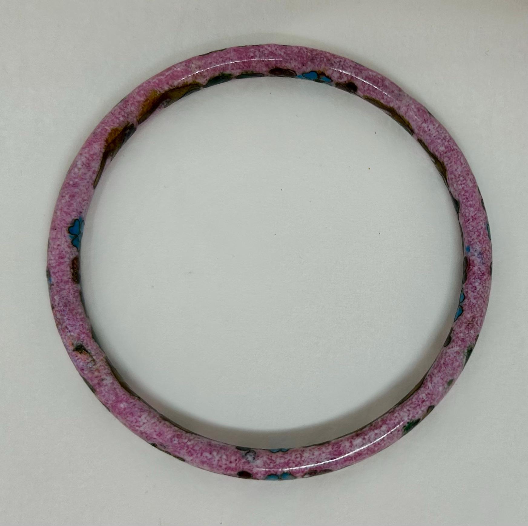 Bracelet Jonc émaillé Vintage Motifs Fleurs Fond Bordeaux - Émail Cloisonné