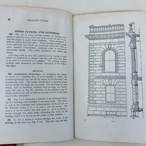 May include: An open book with text and architectural drawings. The page on the right features a detailed illustration of a building facade with a window, columns, and decorative elements. The text discusses stone cutting and architectural drawings.