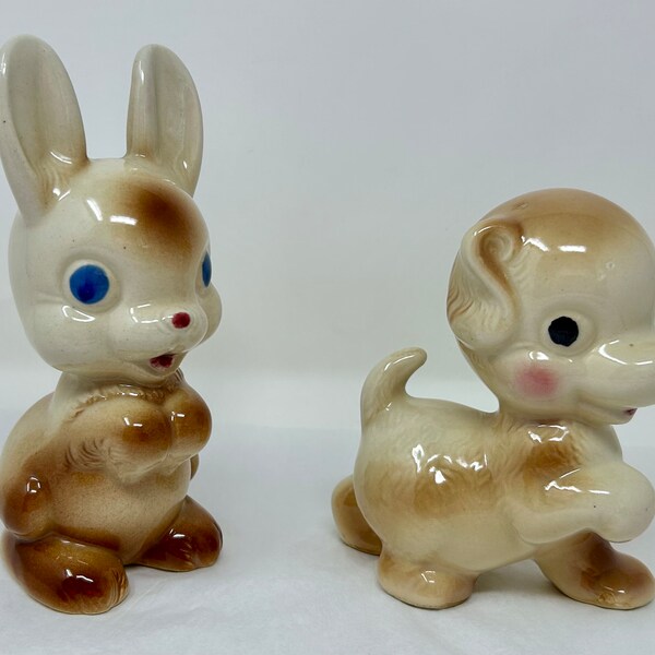 vintage 1950's large porcelain ceramic figurine blue eyed rabbit bunny dog