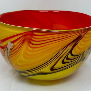 Gorgeous Designs Blown Glass Bowl – Red & Yellow Swirl Art Glass – Handcrafted Studio Piece 8&quot; Wide