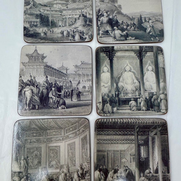 set of six coasters Chinese temple Buddhist Kite Flying Asian black white art sketch