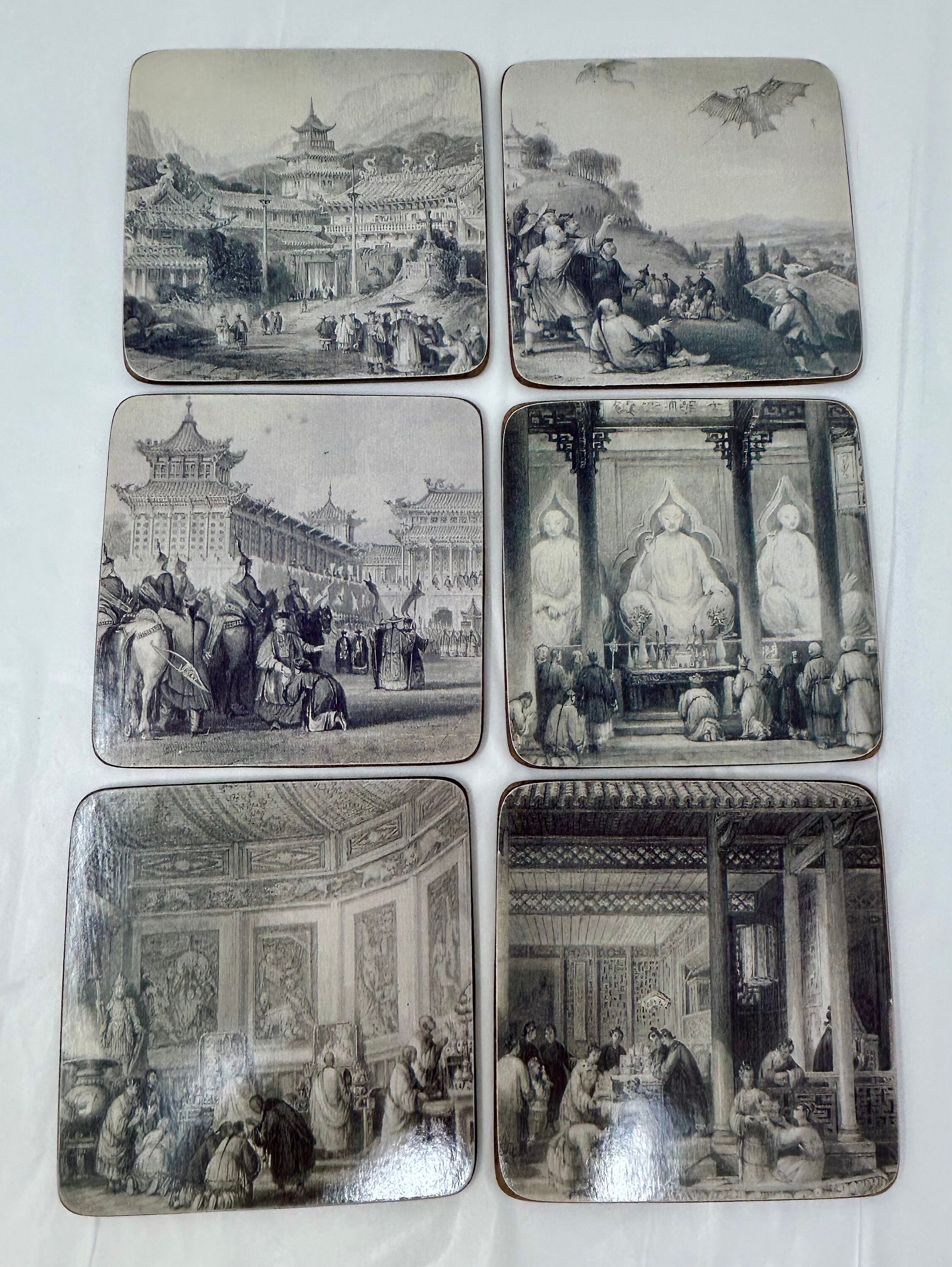 Set of Six Coasters Chinese Temple Buddhist Kite Flying Asian