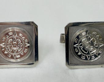 Taxco Sterling Silver Cufflinks Aztec Sun Face Mexico Vintage 925 Mens Cuff Links Mid Century Modernist RA Signed