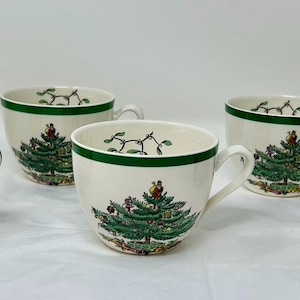 ヴィンテージ スポード クリスマスツリー コーヒーティーカップ – 5個セット – 英国製 – クラシックなホリデー食器 – クリスマス用食器