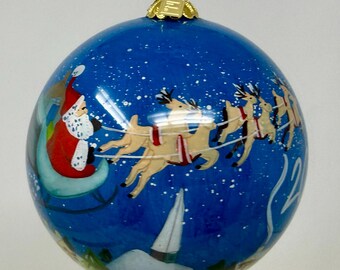 Pier 1 Li Bien Santa Sleigh Reindeer Christmas Ornament Large 5" Hand Painted Glass Boxed