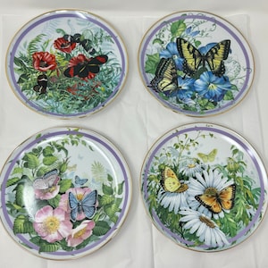 Set of 4 Butterfly Garden Collector Plates by Paul J Sweany – Floral & Butterfly Series, Gold Trim, Nature Wall Art, Vintage Decor