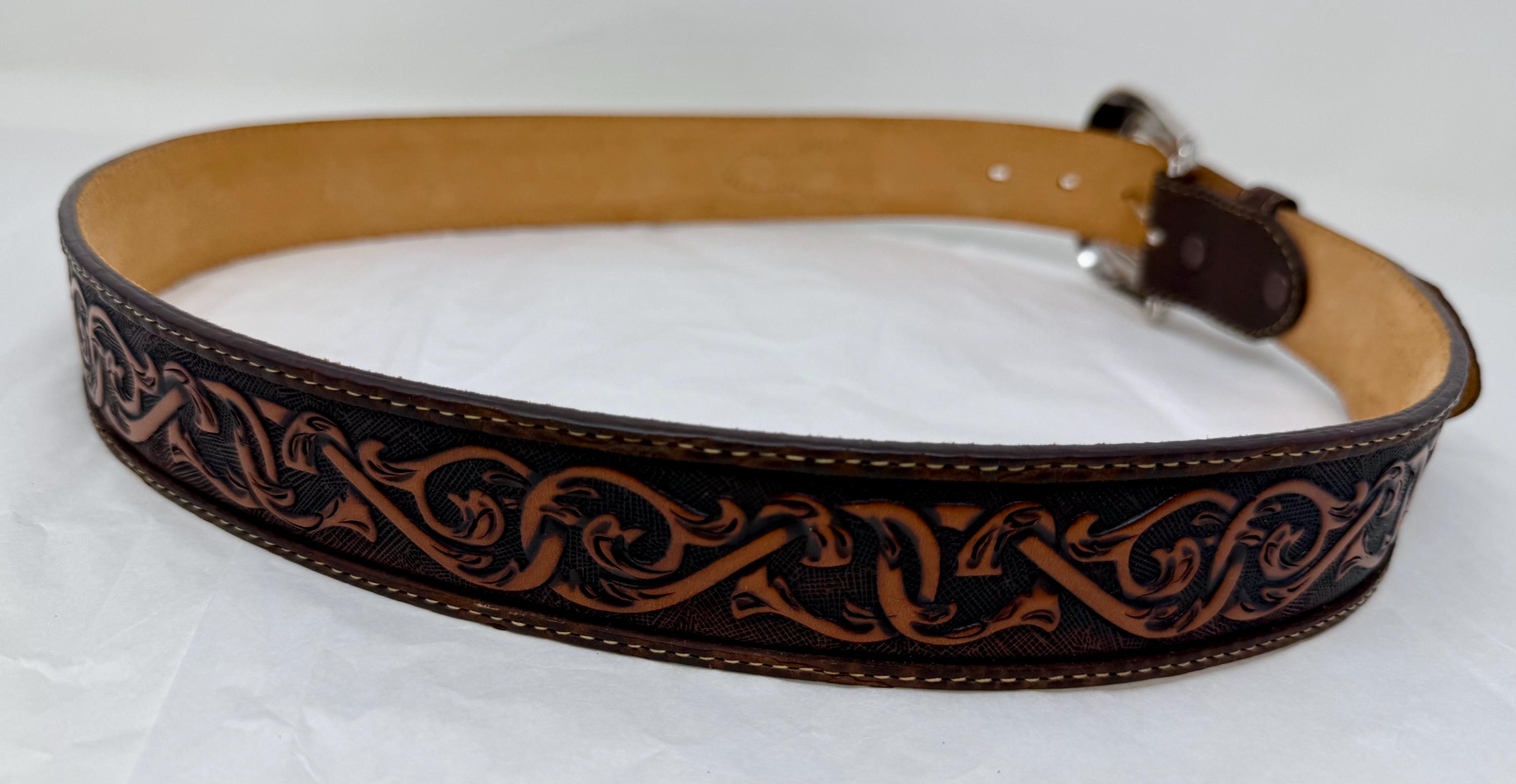 Ceinture Justin Brown en cuir repoussé avec boucle gravée en argent - Taille 36 Western Cowboy Rodeo pour hommes - France