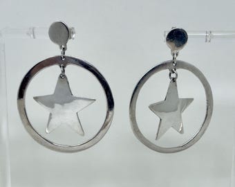 Taxco Sterling Silver Star Hoop Earrings Mexico TC-84 Vintage 925 Dangle Circle Star Earrings Modernist Jewelry