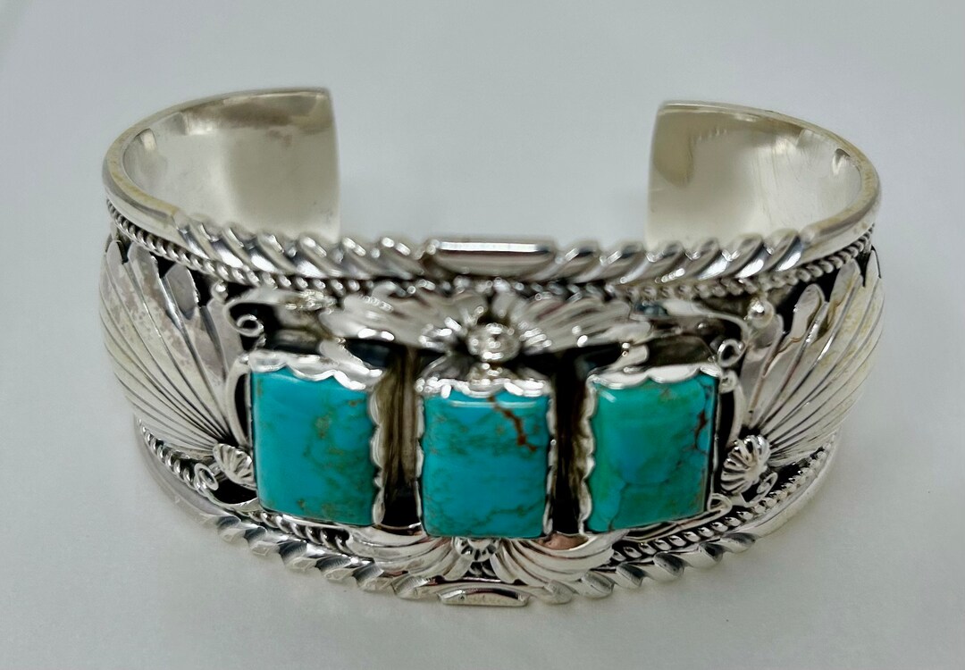 Native America Navajo Sterling Silver Kingman Turquoise Bracelet Cuff ...