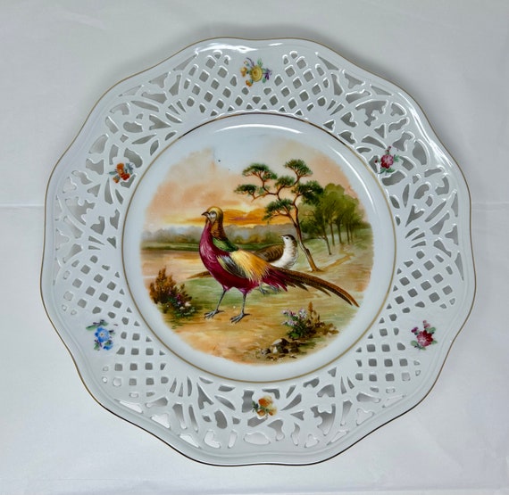 ヴィンテージ バイエルン ドイツ 網目模様 磁器 手描き プレート キジ