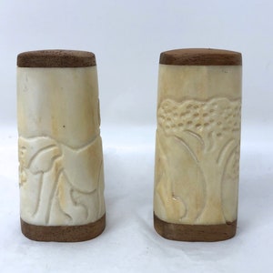 mid century elephant carved bone salt pepper shakers wood animal African