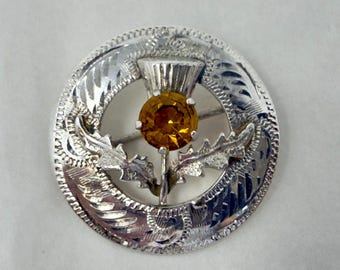 Scottish Thistle Brooch Sterling Silver Amber Glass Stone MB&S Vintage Scotland Pin Celtic Jewelry Round Brooch