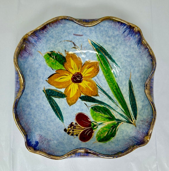 ヴィンテージ 1940年代 イタリア 手描き NSP 虹色皿 青い釉薬の花 花柄