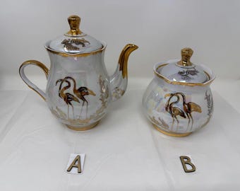 Vintage Lusterware Flamingo Teapot or Sugar Bowl Gold Gilt Iridescent Porcelain Mid Century Decor