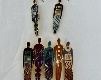 Laurel Burch Earrings & Brooch Set Tribal Figures Enamel Gold Tone Dangle Earrings Signed