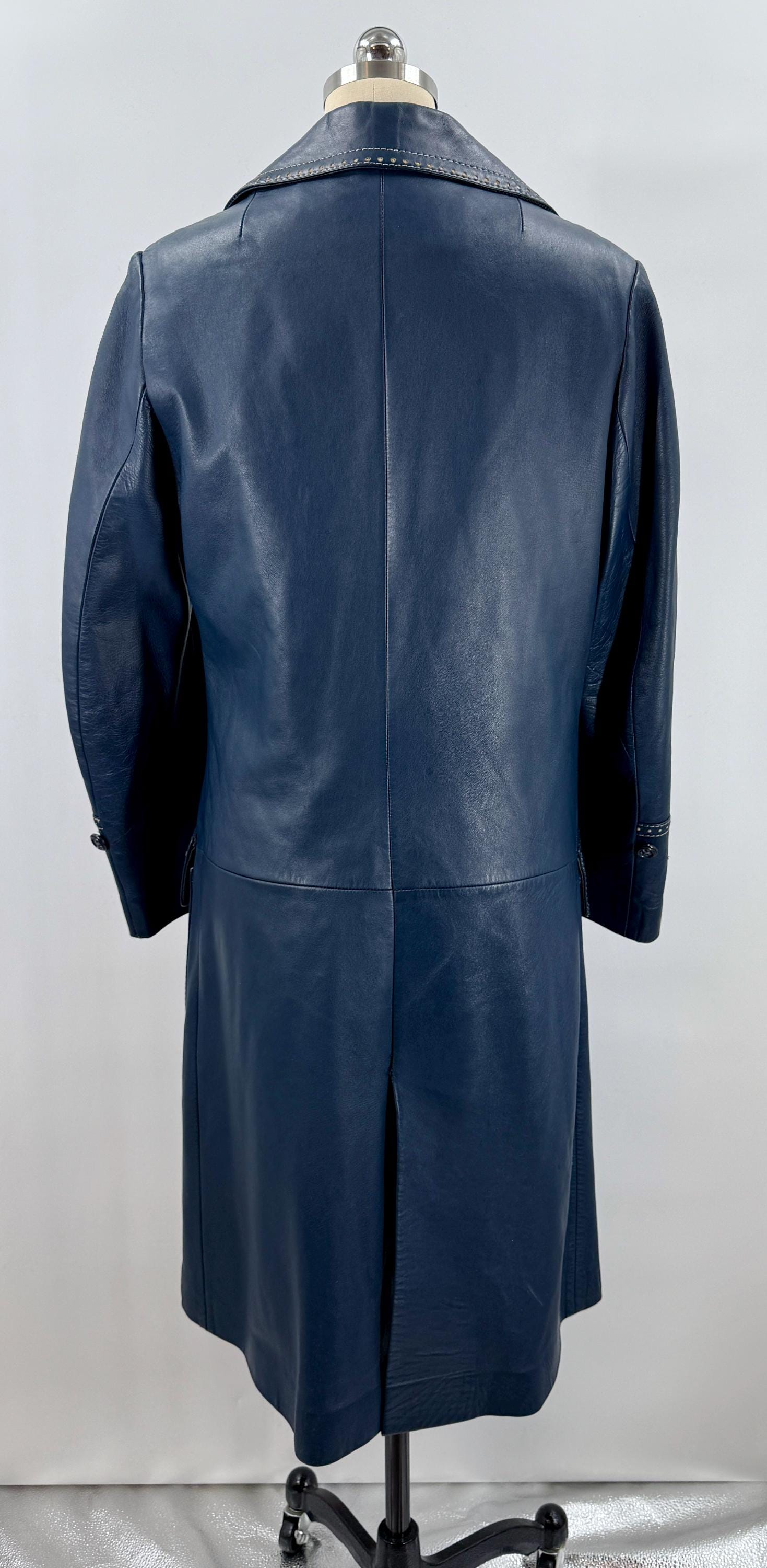 Vintage Leda Spain by Gropper Long Leather Trench Coat Navy Blue