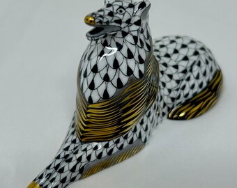 Herend dog collie fishnet black gold grey porcelain signed sphinx