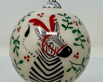 Pier 1 Li Bien Zebra Christmas Ornament Reverse Hand Painted Glass Holly Berries Original Box