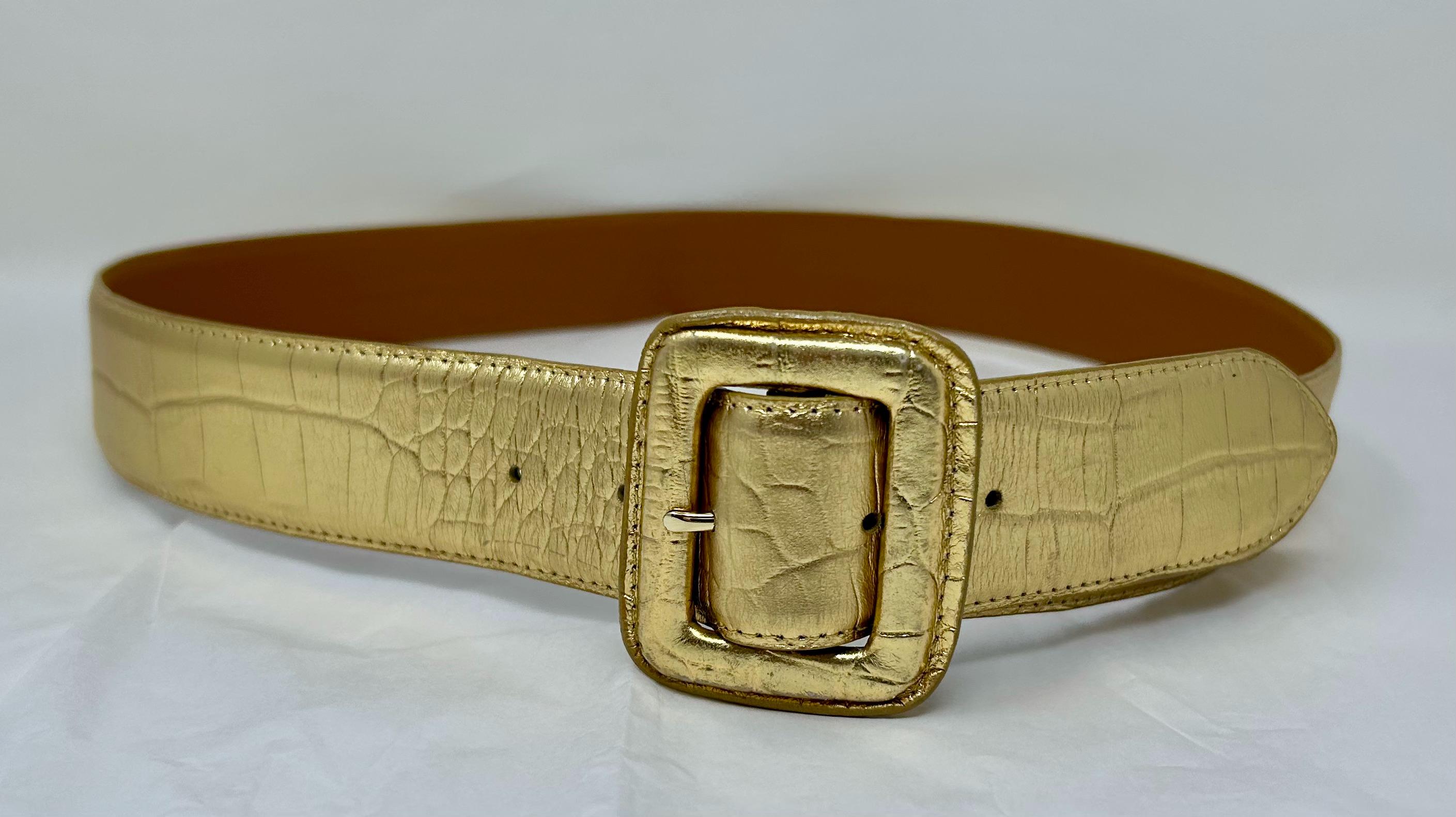 Vintage Ralph Lauren Gold Metallic Leather Croc Print Belt  display picture 1
