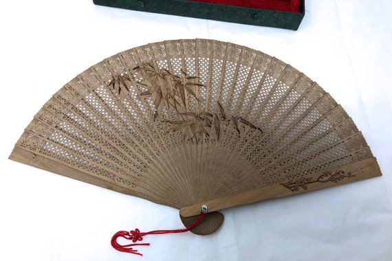 Bamboo Folding Hand Fan Vintage painted cut-outs … - image 2