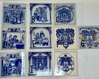 Delft Blue Apothecary Tiles – Handmade Holland Pharmacy Decor – Vintage-Style Ceramic Wall Art – 5 7/8&quot; Square – Individual Tiles A–J