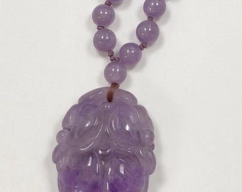 Imperial Purple Amethyst Necklace with Carved Pendant – 28" Violet Lavender Gemstone Beads 7mm