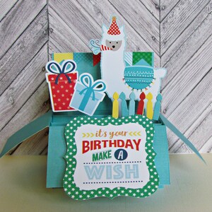 Pop Up Karte, Happy Birthday Karte, Lama, Bunte Geburtstagskarte in einer Box, Handgemachte Grußkarte, 3D Geburtstagskarte, Kerzen