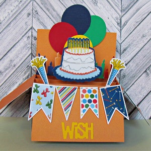 Pop Up Karte, Happy Birthday Karte, Karte in einer Box, handgemachte Grußkarte, Luftballons und Kuchen, Grußkarten.