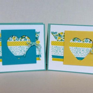 Grußkarten Set. 4 Karten für alle Anlässe. 3-dimensionales Herz und Washi Tape handgemachte Karten. Blanko-Karten. Bäckergarn. Gelb und Blau.