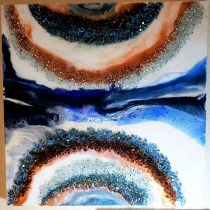 Puede incluir: Pintura abstracta con colores azul, marrón y blanco. La pintura presenta un diseño en capas, similar a una ágata, con un patrón de remolino fluido.