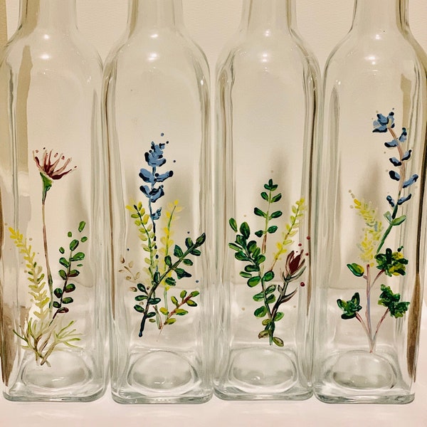 Oil and Vinegar Bottles, Handpainted Oil and Vinegar Bottles, Handpainted Olive Oil Bottle, Olive Oil, Hand painted flower and herb bottles