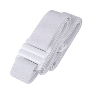 May include: White elastic strap with a white plastic buckle. The strap is folded and the buckle is at the end of the strap.