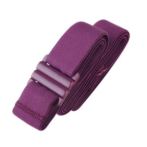 May include: A purple elastic strap with a plastic buckle. The strap is folded in half and the buckle is on the end of the strap.