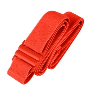 May include: A bright orange elastic strap with a plastic buckle. The strap is folded and rolled up.
