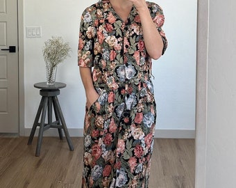 Vintage Floral Short Sleeve Midi Buttoned Dress