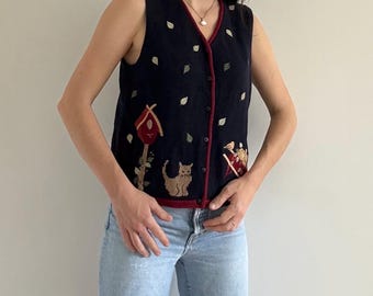 Vintage Floral Cat Graden Sweater Vest Blouse
