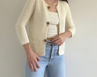 Vintage Neutral Crochet Beaded Cardigan Sweater