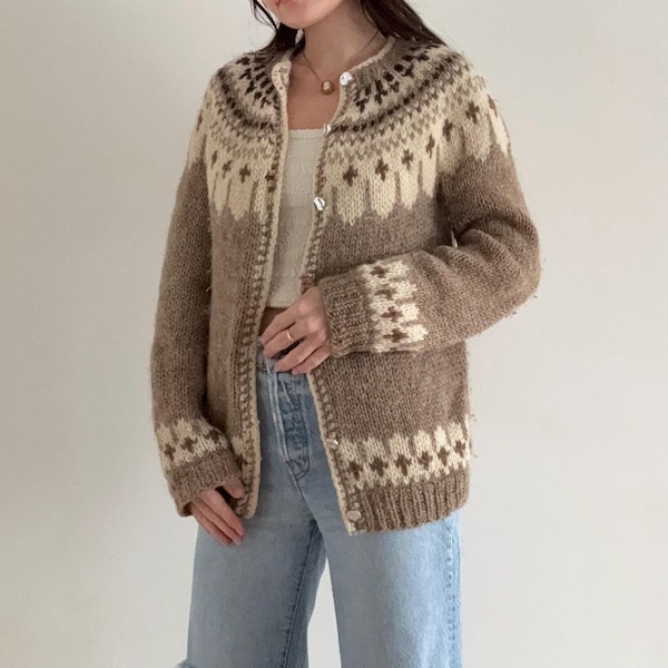 Pull cardigan vintage en laine islandaise fait main