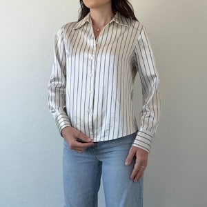 Vintage Long Sleeve Silky Striped Collared Blouse