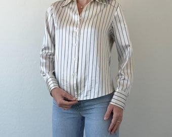 Vintage Long Sleeve Silky Striped Collared Blouse